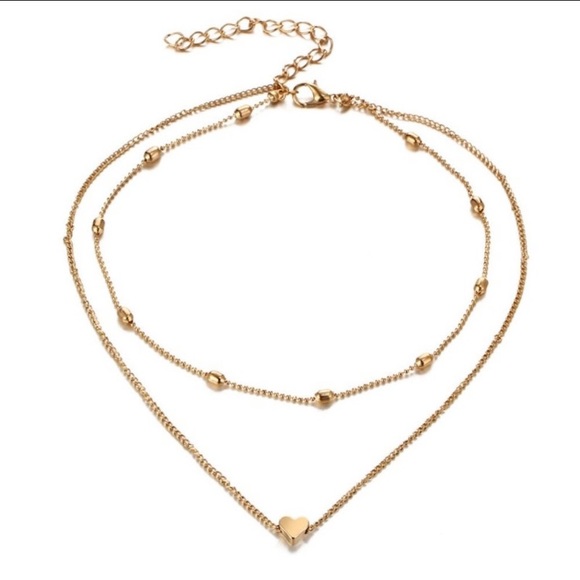 2 LAYER HEART CHAIN NECKLACE CHOKER GOLD COLOR - Picture 4 of 4